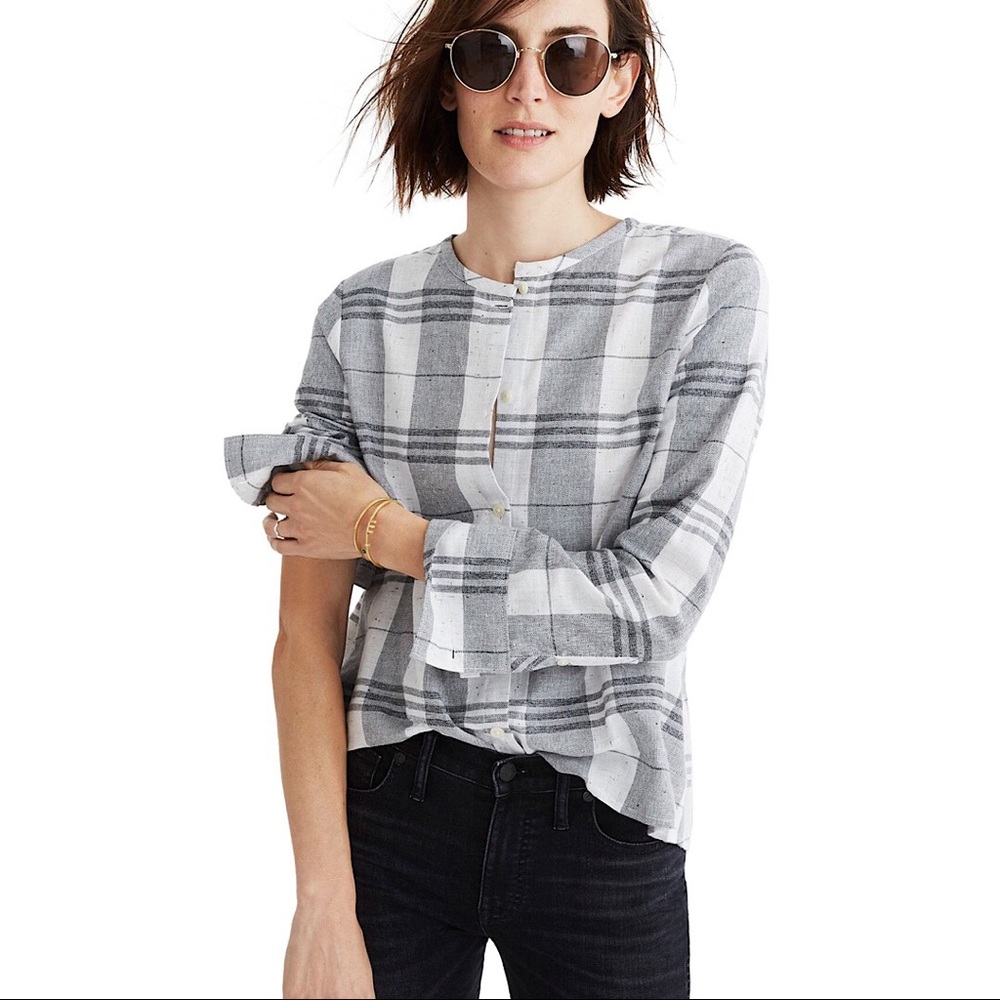 Madewell Plaid Collarless Button Down top